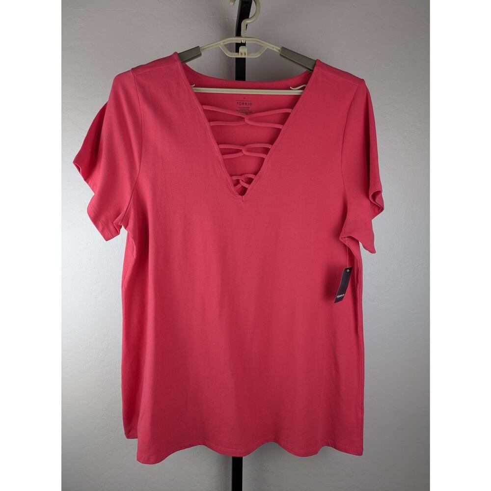 Torrid Strappy V-neck Foxy Short Sleeve Knit Top pink teaberry